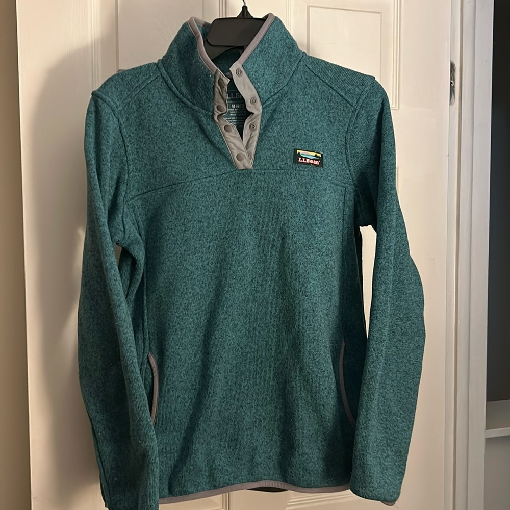 LL Bean sweater fleece pullover teal and grey